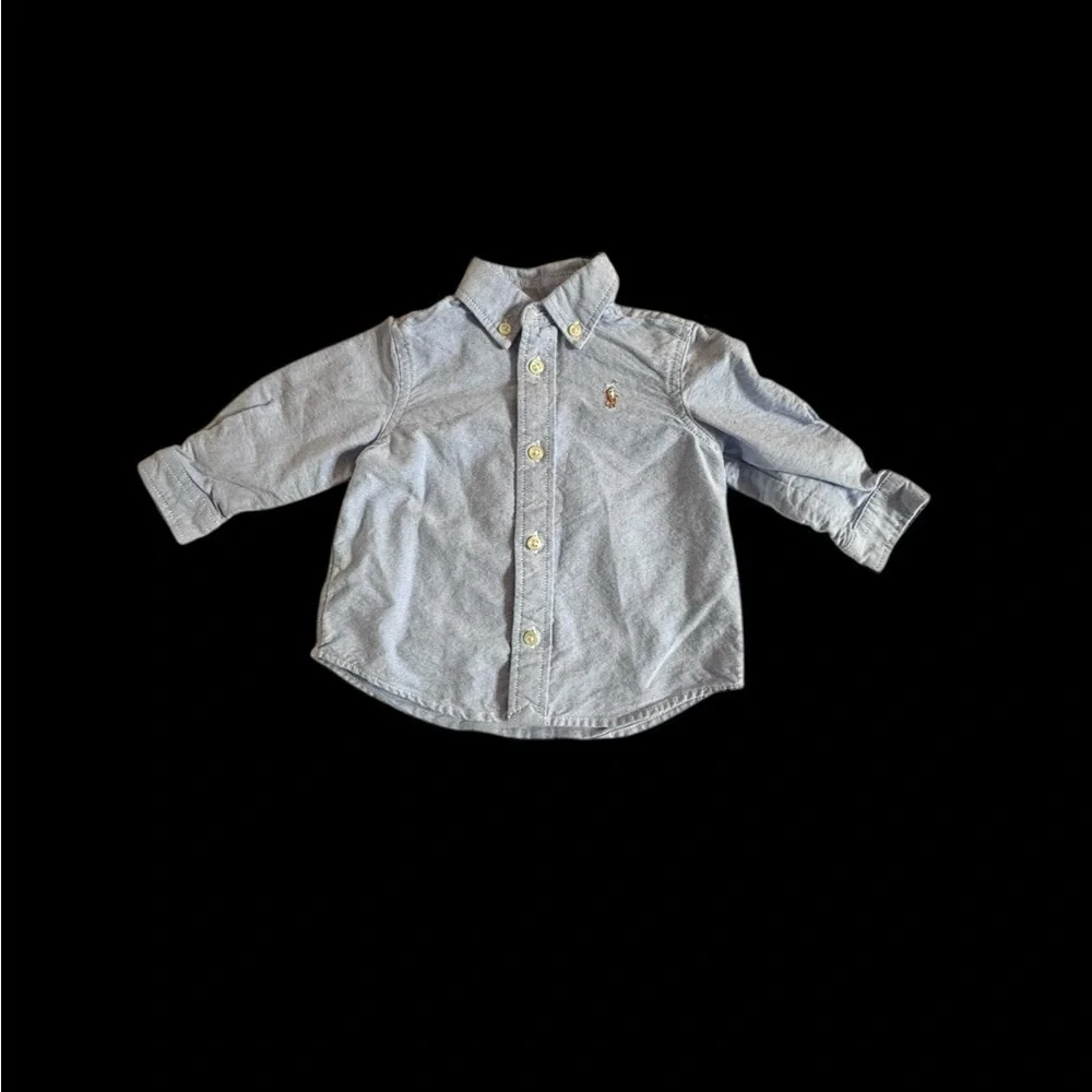 2 pc Infant boy outfit, blue  shirt, tan pants